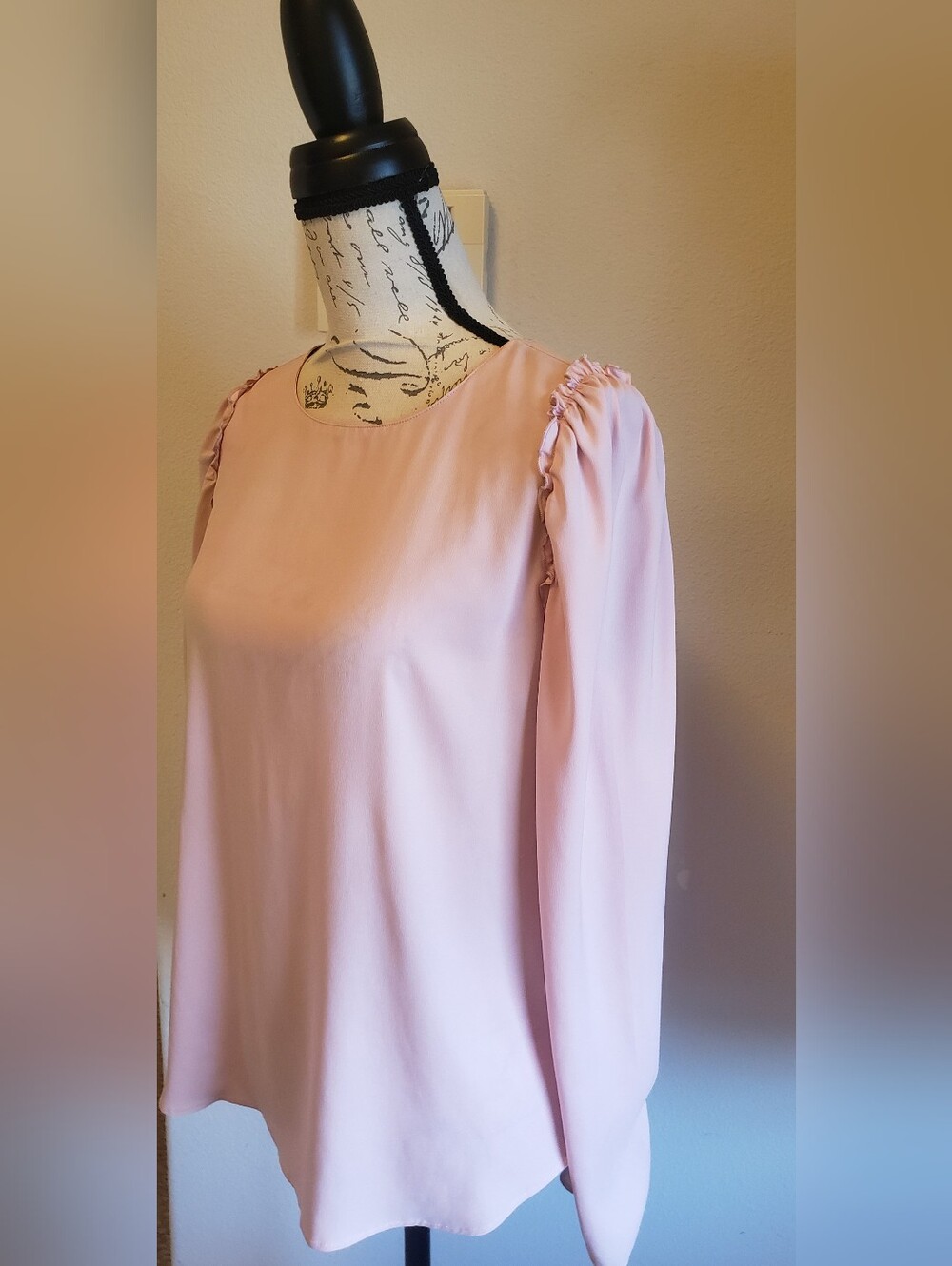 Ann Taylor Pale Pink Long-Sleeve Blouse with Ruched Shoulders